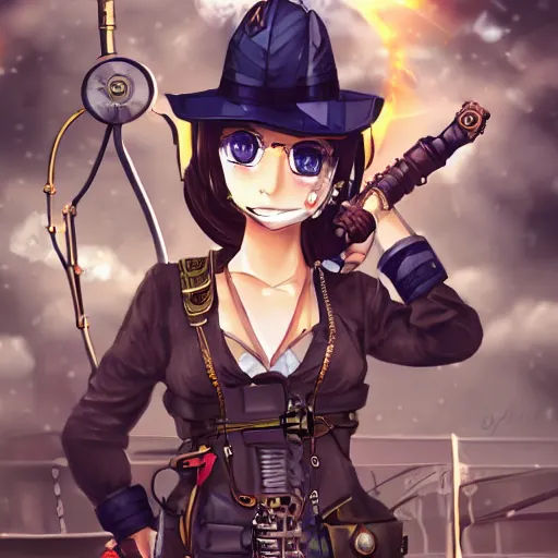 Prompt: an engineer with steampunk tools and clothing who is building a steampunk plane prototype, steampunk tools, anime girl, anime, extremely detailed, sparks, intense, mostly warm colors, warehouse background,