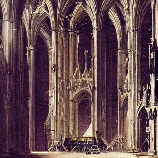 Prompt: astronauts repairing crash landed space shuttle inside a gothic cathedral, painting by Karl Friedrich Schinkel