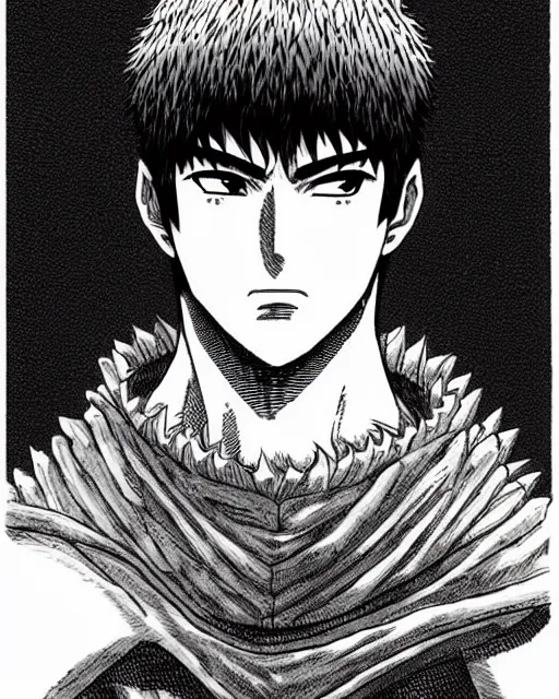 Prompt: guts berserk, character art by kentaro miura, handsome manga portrait illustration