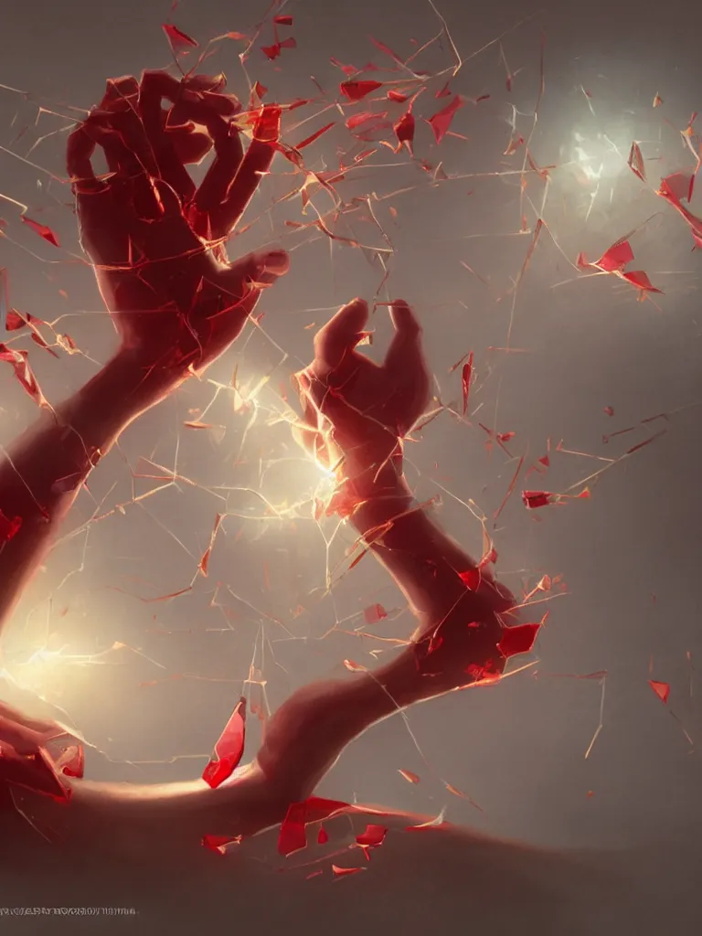 Prompt: holding the red shards of glass by disney concept artists, blunt borders, rule of thirds, golden ratio, godly light
