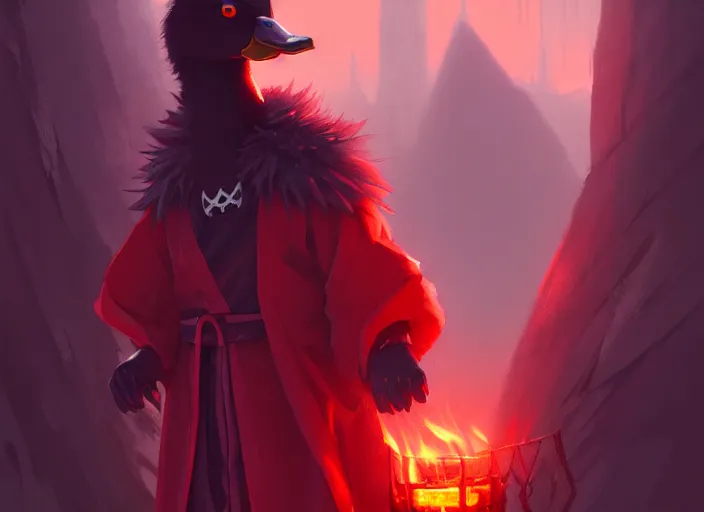 Image similar to cute fluffy mallard duck with vampire fangs wearing red cultist robe, details, cyberpunk, epic, sacrificial altar, landscape illustration concept art anime key visual trending pixiv fanbox by wlop and greg rutkowski and makoto shinkai and studio ghibli and kyoto animation symmetrical facial features