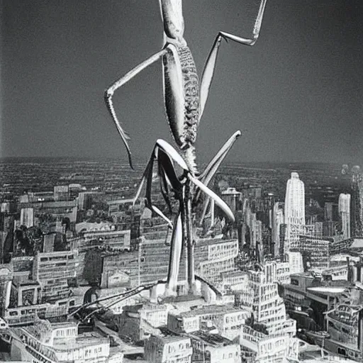 Prompt: “ still image taken from sci fi horror movie of a giant praying mantis attacking a city. low camera angle. 1 9 6 0 ”