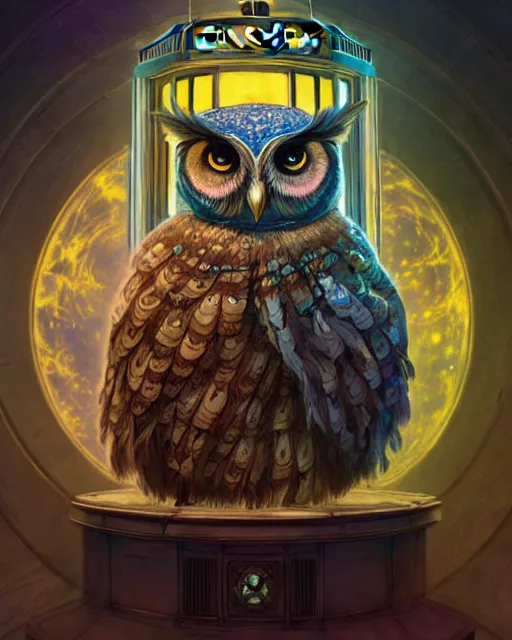 Image similar to anthropomorphic art of a timelord owl inside tardis, victorian inspired clothing by artgerm, victo ngai, ryohei hase, artstation. fractal papersand books. highly detailed digital painting, smooth, global illumination, fantasy art by greg rutkowsky, karl spitzweg, doctor who