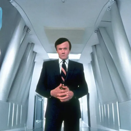 Prompt: 1 9 8 0 s film still portrait of a stern looking executive manager, corporate headshot, science fiction atmosphere, suit uniform, ridley scott, film still, screenshot of a movie