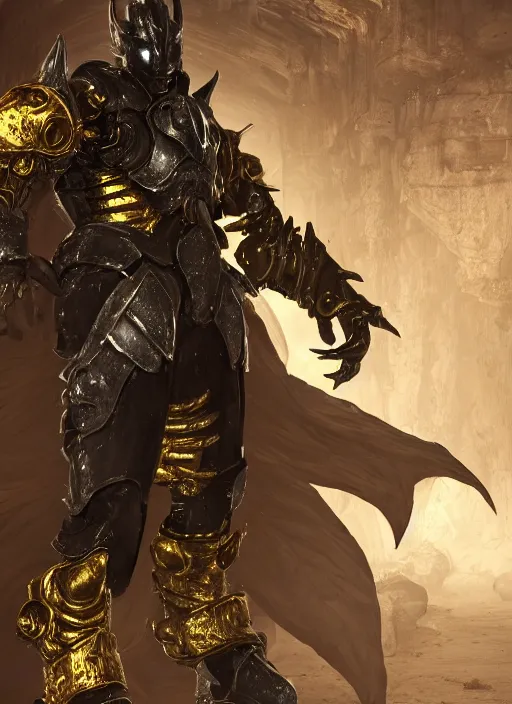 Image similar to a photorealistic 3D render of a full body dark side knight (as an archetypal DnD isekai Demon Lord from Final Fantasy) wearing power armor made of gold and silver and organic floral components, inspired by Fallout, unreal engine, octane render, cinematic lighting, a sense of evil, detailed hard surface boss character concept art, character design, hyper realism, high detail, depth of field, stunning cgsociety, HD, HDR, 4k