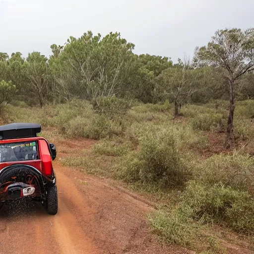 Prompt: an off road buggy drives towards the viewer along a forest dirt track. the vegetation is sparse scrub. the driver is male and smiling. the buggy has an open frame build with mounted search lights. the sky is cloudy and dust is being thrown up by the buggy's wheels