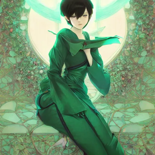 Image similar to hatsune miku short hair, anime style, hyper detailed, light green dress, illustration, digital painting, art by artgerm and greg rutkowski and alphonse mucha, high delicate defined details, anime stylized, highly detailed, realistic, sharp focus, styled by rhads