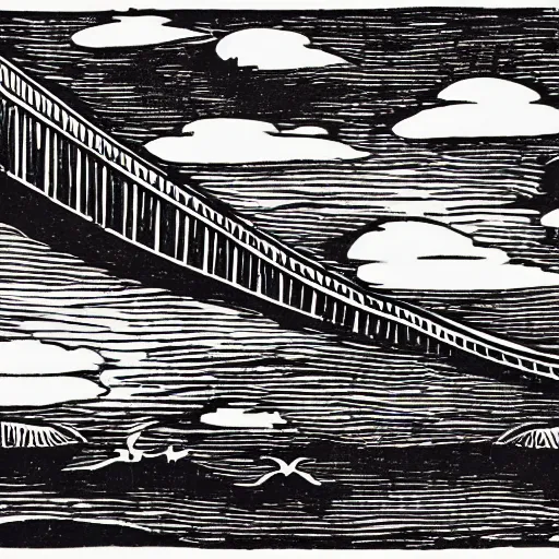 Image similar to small steel suspension bridge built in 1 9 2 8, side view, puffy clouds in background, seagulls floating in the sky, woodcut style, rubber stamp, 8 k