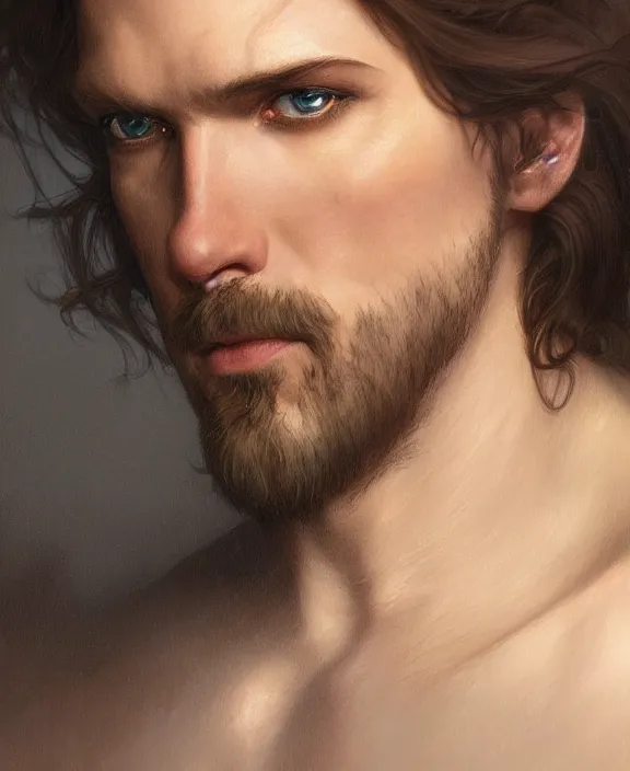 Image similar to portrait close up of guy, concentrated look, symmetry, long hair. d & d, fantasy, intricate, elegant, highly detailed, digital painting, artstation, concept art, art by artgerm and greg rutkowski and alphonse mucha, boris vallejo