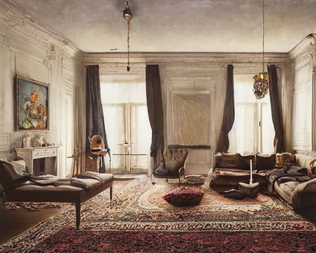 Image similar to a beautiful open space apartment with persian rugs and antique furniture designed by mark mills and nathaniel owings, interior design, architecture, key lighting, soft lights, by steve hanks, by edgar maxence, by caravaggio, by michael whelan, by delacroix, by serov valentin, by tarkovsky, 8 k render, detailed, oil on canvas