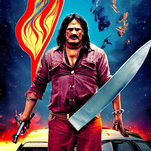 Prompt: A movie poster for Robert Rodriguez’s Machete in Space