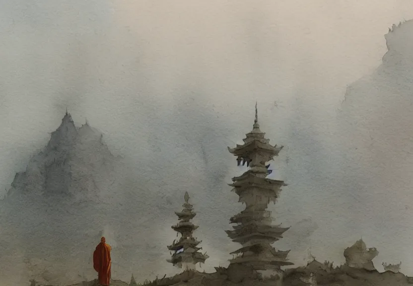 Image similar to a hyperrealist watercolor concept art from a studio ghibli film showing one giant grey monk. a temple is under construction in the background in india on a misty and starry night. by studio ghibli. very dull muted colors