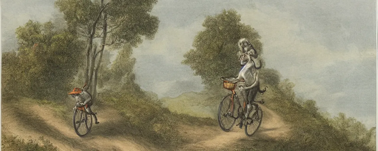 Prompt: monkey riding a bicycle down a winding road, drawn by Nicholas John Frith