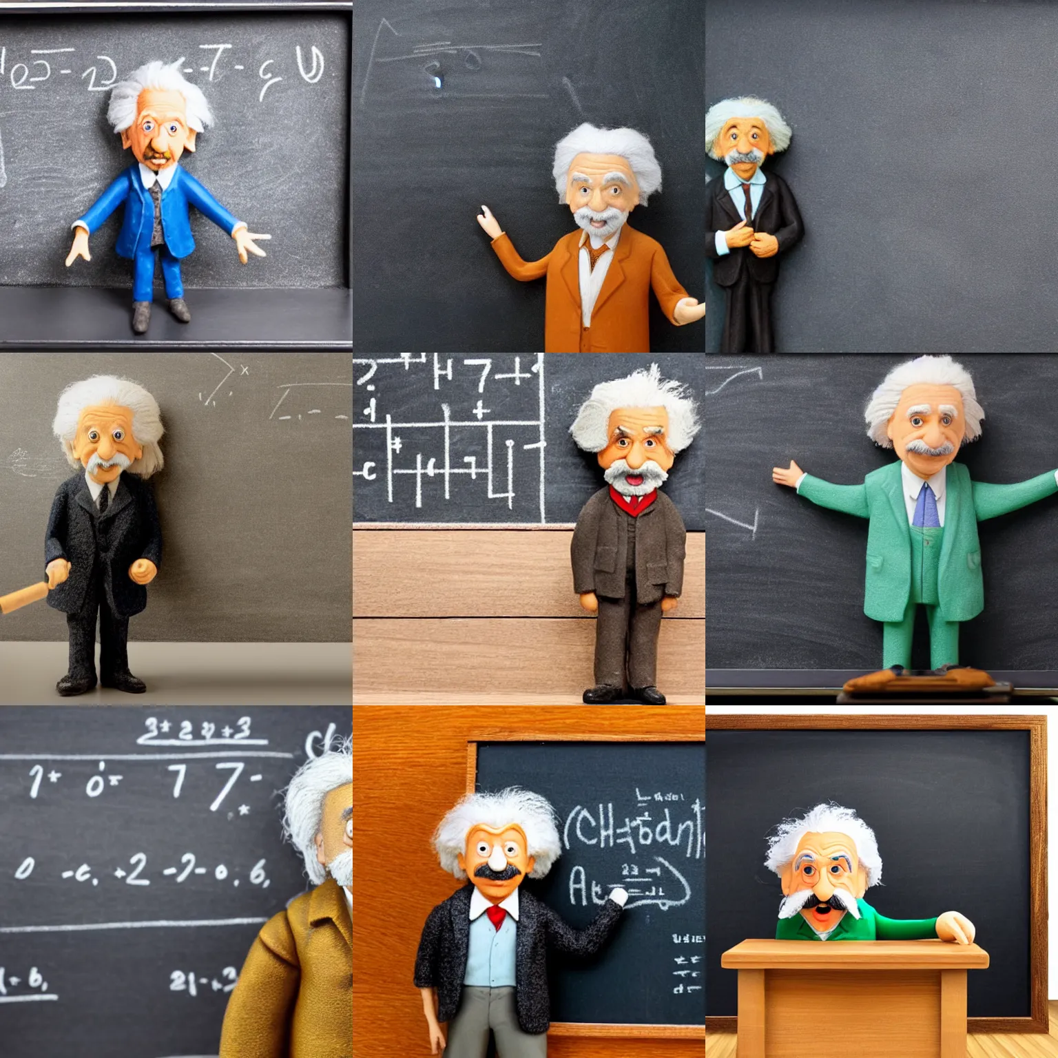 Prompt: Miniature claymation Albert Einstein in front of a blackboard full of chalked math formulas