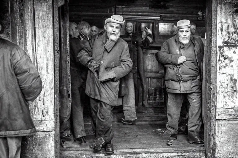 Image similar to cinematography old Russian men entering old bar in Russia showing. by Emmanuel Lubezki