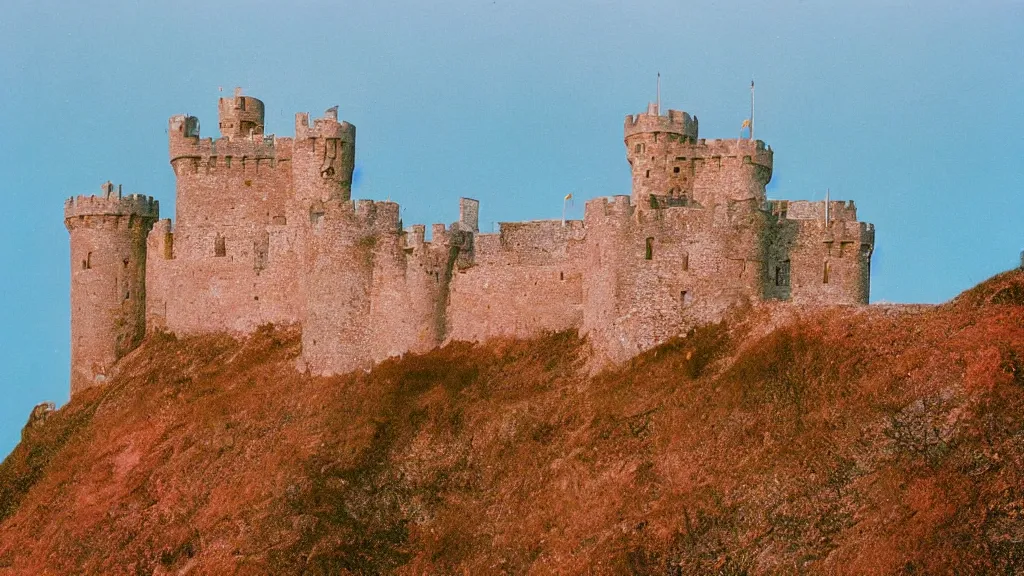 Image similar to castle, velvia, warm color palette, lonely, on a cliff edge