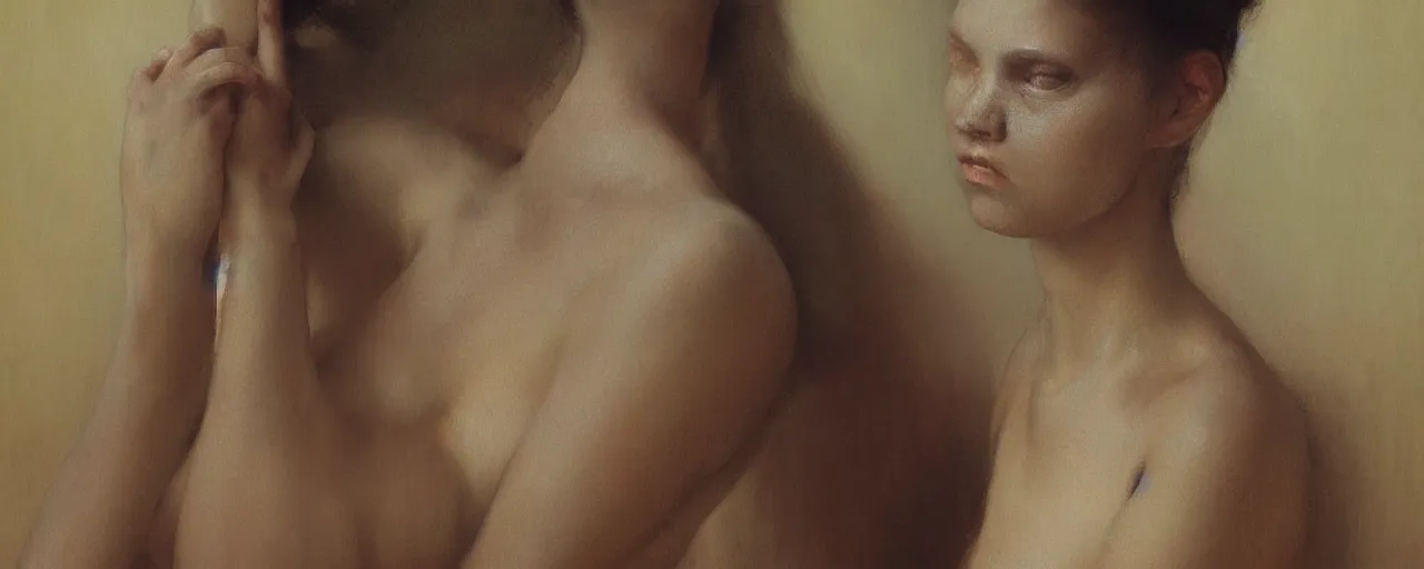 Image similar to painting of young woman by wayne barlowe, greg rutkowski, degas, detailed, stunning, realistic skin color