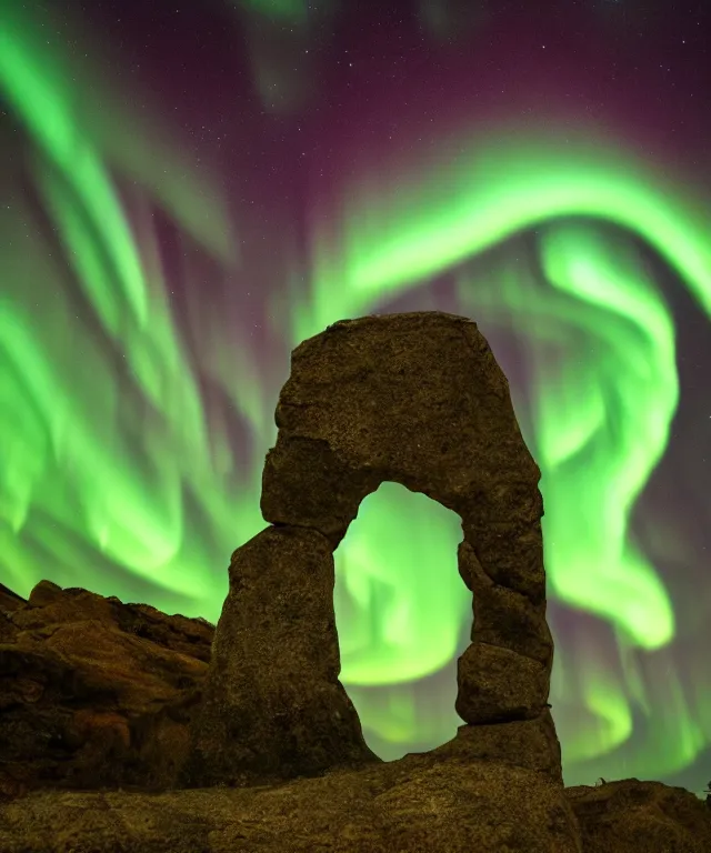 Prompt: stone gateway to another portal, green spiral light, aurora borealis, symmetrical, center focus, 2 0 0 mm, photorealistic