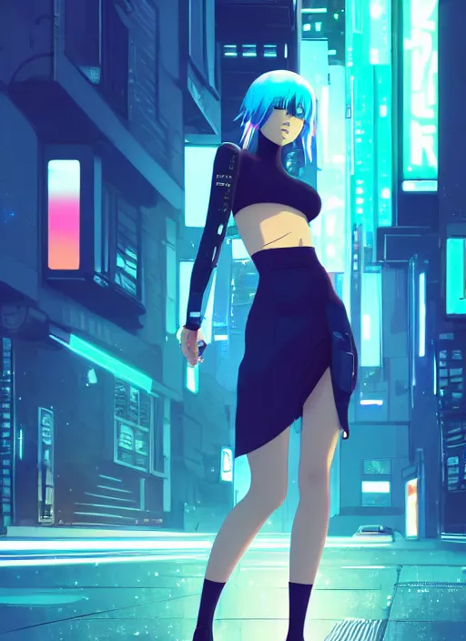 Image similar to digital illustration of cyberpunk pretty girl with blue hair, wearing a crop top and a skirt, full body pose, in city street at night, by makoto shinkai, ilya kuvshinov, lois van baarle, rossdraws, basquiat