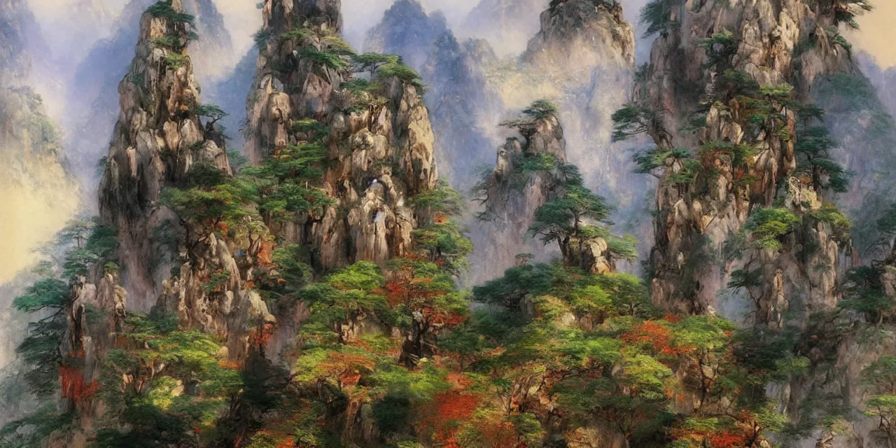 Prompt: the taoist temples of huangshan, artwork by thomas moran