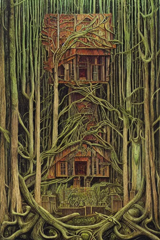 Prompt: a house in the forest by h. r. giger, painterly, alex grey, moebius