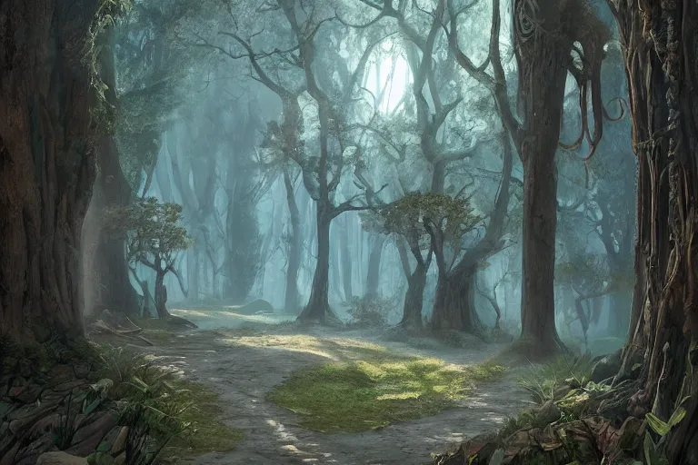 Image similar to sandy path leads to a Forest temple, Artstation