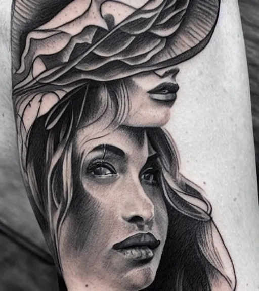 Image similar to tattoo design sketch of an extremely beautiful woman face with a faded background of beautiful mountains on her side, hyper - realistic, in the style of matteo pasqualin, amazing detail, black and white, faded