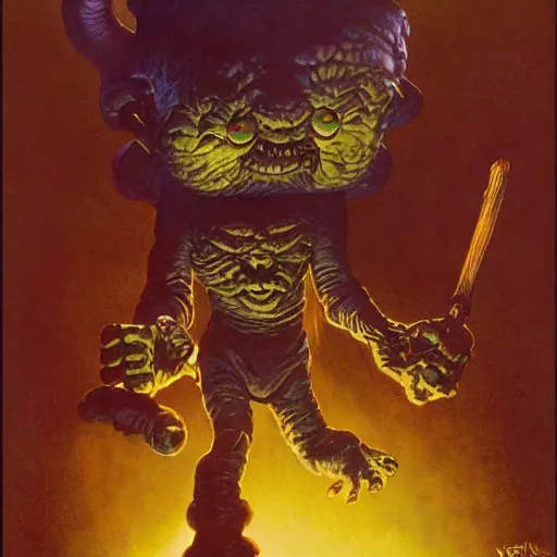 Image similar to possessed munchkin from oz, by lawrence alma-tadema and zdzislaw beksinski and norman rockwell and jack kirby and tom lovell and greg staples, artstation creature art