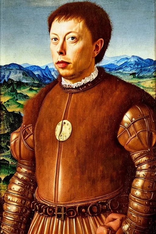 Image similar to renaissance 1 6 0 0 portrait of elon musk, oil painting by jan van eyck, northern renaissance art, oil on canvas, wet - on - wet technique, realistic, expressive emotions, intricate textures, illusionistic detail