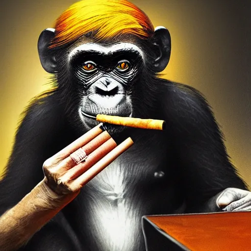 Image similar to a high detail photo of donald trump smoking a cigarrette, subject= chimp, subject detail: extremly detailed, subject action: smoking a cigar, photorealism, dramatic lighting, award winning photograph, trending on artstation