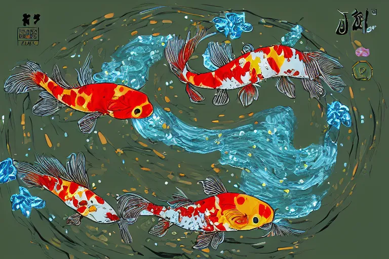 Prompt: illustration (digital art) of a koi pond for the koi gods in mystical armour, magical aura, flying particles, trending on artstation