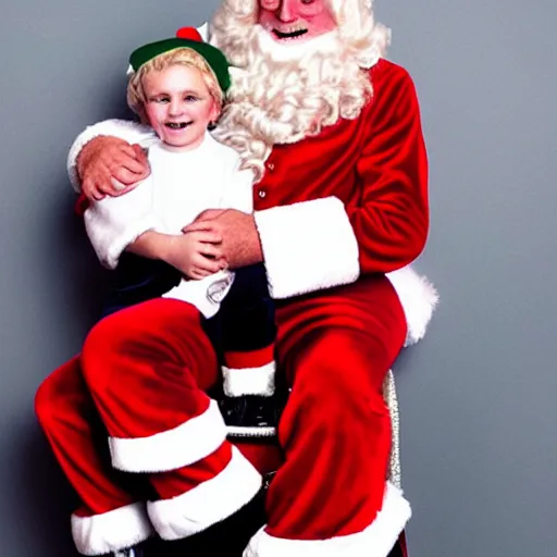 Prompt: jimmy savile as santa costume with child on lap, detailed, super realistic, 8 k,