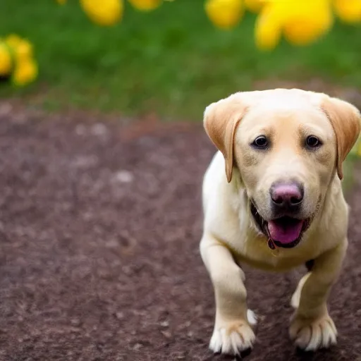 Prompt: yellow lab, happy, wagging tail, 4 k, high quality photo, award - winning