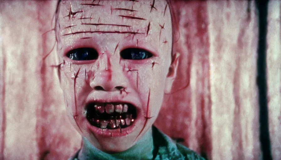 Prompt: 7 0 s film still from a horror movie about a child version of pinhead from hellraiser, kodachrome, cinecolor, cinestill, film grain, film texture, retro, cinematic, high resolution, photorealism,