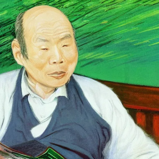 Image similar to old balding japanese man with white shirt, sitting on a chair and reading newspaper while looking at the ceiling of his room with contrastic green lighting by monet