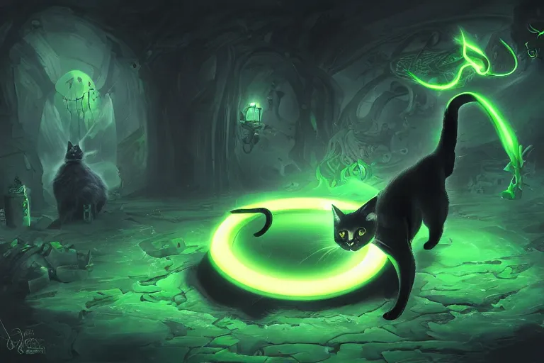 Image similar to black cat with glowing green eyes opening a magic portal to a demon realm, digital illustration, artstation, artstation hq, hd