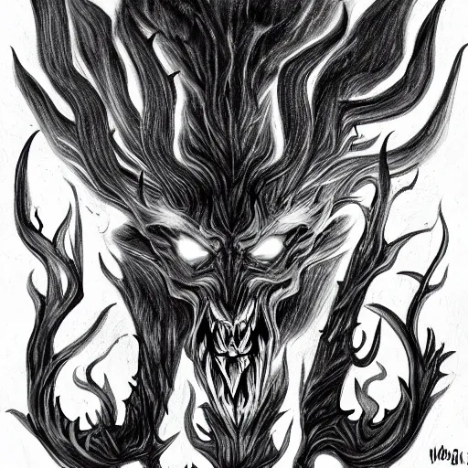 Image similar to full body grayscale drawing by Anato Finnstark of muscled horned humanoid beast, swirling flames