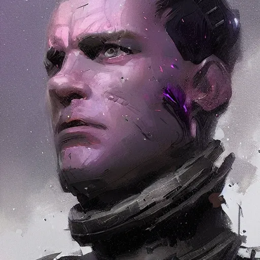 Prompt: concept art of a portrait by greg rutkowski, a soldier of the eternal empire wearing purple and black tactical gear, star wars expanded universe, smooth, sharp focus, artstation hq.