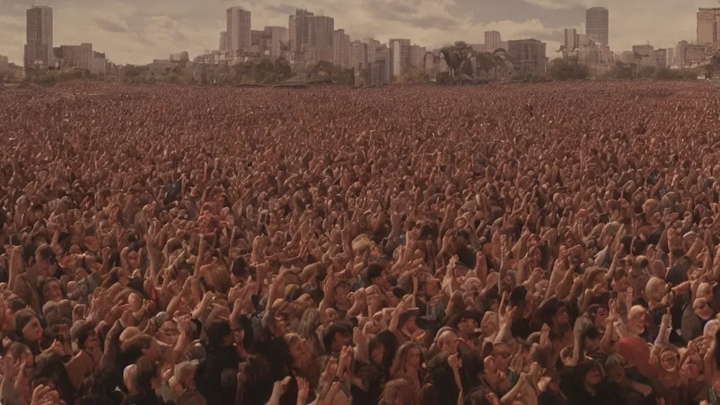 Prompt: movie still of a crowd waving saying good morning, cinematic composition, cinematic light, by alejandro jodorowsky