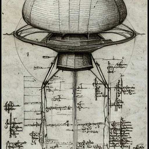 Image similar to vintage, detailed, pencil sketch of ufo! construction, all parts, with full descriptions, on old parchment, by leonardo da vinci!