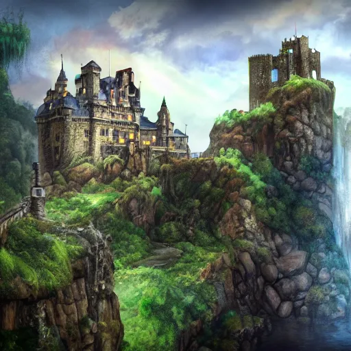 Image similar to a castle on top of a rocky edge that drops down into a waterfall, fantasy inspired, realistic water, high detail, trending, concept art, castlevania styled castle, moon over the castle, night, slightly foggy, masterpiece, high resolution