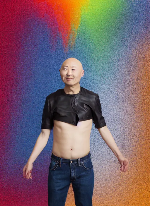 Image similar to japanese man with bald head and beard wearing short denim and leather clothes dancing next to a rainbow, full body portrait, dynamic lighting