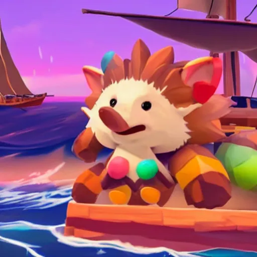 Image similar to hedgehog in a bikini in sea of thieves, hedgehog wearing a bikini, cute, colourful, happy, adorable, funny