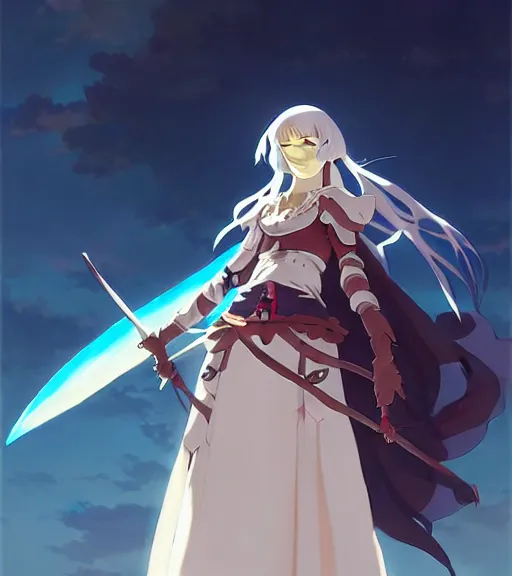 Image similar to cel - shaded beautiful anime girl in a fantasy cleric outfit, trending on pixiv fanbox, painted by greg rutkowski, makoto shinkai, takashi takeuchi studio ghibli, yoshiyuki tomino, ayami kojima