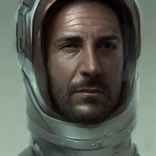 Image similar to Portrait of a man by Greg Rutkowski, he is about 40 years old, copper short hair, his features are a mix between Turkish and Scottish, strong and tall, cool dad vibes, he is wearing a futuristic astronaut suit, highly detailed portrait, digital painting, artstation, concept art, smooth, sharp foccus ilustration, Artstation HQ.