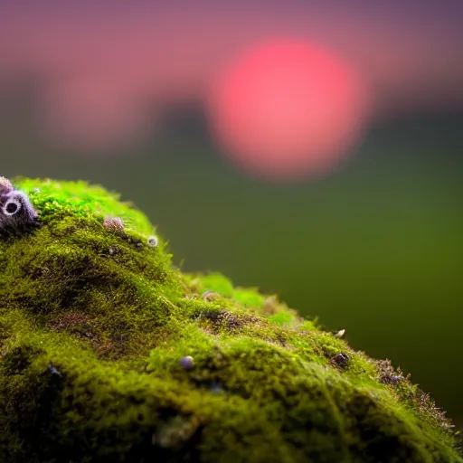 Prompt: a tiny cute mossy forest creature by bobby chiu, at sunset, macro photography, goro fujita