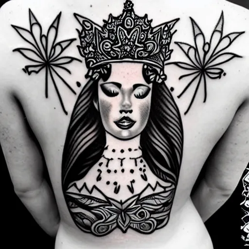 Image similar to a peaceful meditative mermaid wearing a crown, banner across chest, full body, symmetrical, highly detailed black and white new school pinup tattoo design