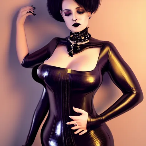 Image similar to curvy feminine goth woman with dignified elaborate tight black-silver nylon and latex ballroom gown, black choker necklace, inviting posture, photorealistic, cgsociety, sublime, 16k, smooth, sharp focus, ArtStation, hyperdetailed, volumetric lighting