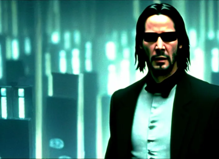 Prompt: Film still of Keanu Reeves as Neo in The Matrix movie doing a thumb up to the camera in front on burning servers, servers in flames in the background, doing a thumb up, The Matrix servers on fire, uncropped, full body, crispy, symmetrical face, ultra detailed, cinematic