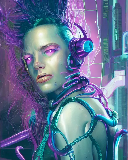 Image similar to a cyberpunk close up portrait of cyborg medusa, electricity, snakes in hair, sparks, bokeh, soft focus, purple, blue, sunny sky, by paul lehr, jesper ejsing